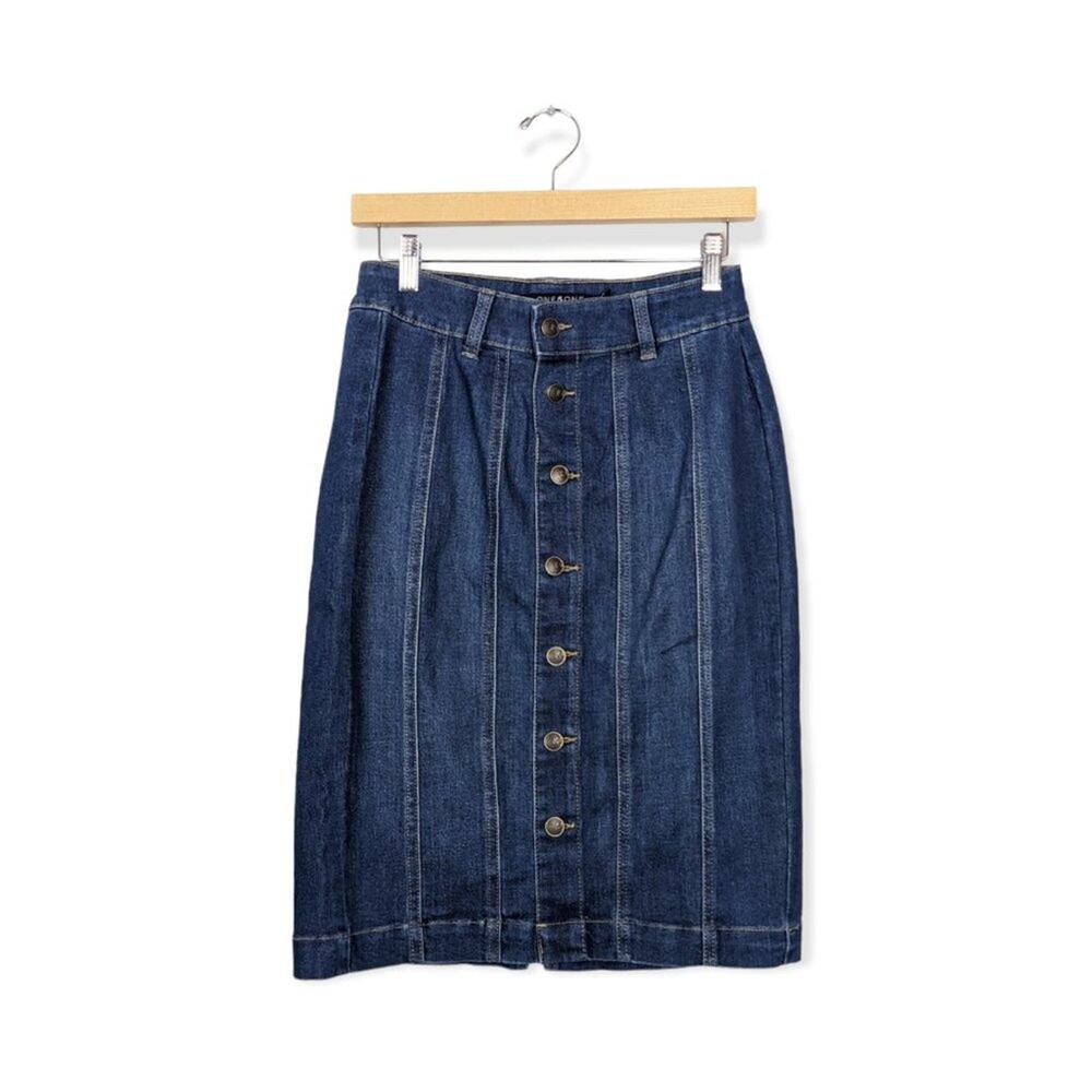 One 5 One Denim Button Front Seamed Pencil Skirt